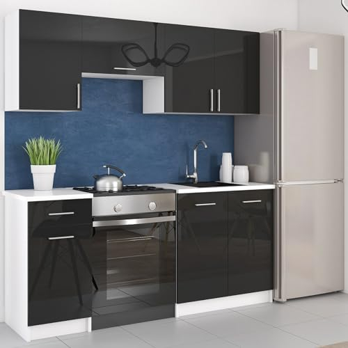 roe furniture Küchenzeile ohne Elektrogeräte - Modern Einbauküche 180 cm - Küche Komplett Leco - Küchenblock - Geräumige Singleküche - Küchenmöbel Komplett Schwarz Hochglanz & Weiße Arbeitsplatte