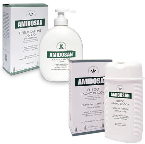 AMIDOSAN - Pacchetto Igiene COMBO - Fluido Bagno Doccia 300 ml + Dermosapone Liquido Con Dispenser 300 ml - Nutriente, Lenitivo, a base di amido di mais + in OMAGGIO 2 Tisane Funzionali Viropa