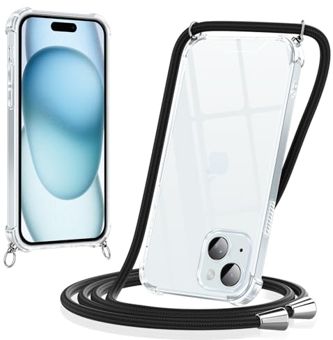 Yoedge Handykette für iPhone 13 / iPhone 14 Hülle mit Band, Necklace Handyhülle mit Kette und Abnehmbar Kordel zum Umhängen, Stoßfeste Bumper Transparent Schutzhülle Case 6,1 Zoll, Schwarz