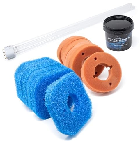 VIALIA Wartungspaket für Oase FiltoClear 15000, Ersatzteil Set, 6X Blaue und 6X rote Filterschwämme, Filterstarter, 11W UVC-Lampe gegen Keime und Algen