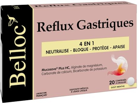 Belloc Reflux Gastriques Neutralise Bloque Protège Apaise x20 Comprimés | Pour remontées acides, action 4en1 neutralise, bloque, protège et apaise, format comprimé, goût menthe