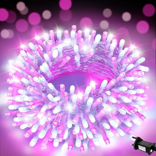 FFZZKJ Pink Christmas Lights 200 LED Pink Fairy Lights for Bedroom 66Ft/20M with Timer IP44 Waterproof String Lights Mains Powered for Christmas Decorations, Bedroom Decor, Pink&White