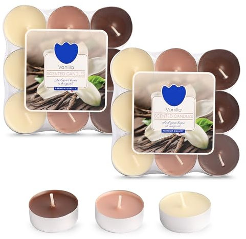 MiCasa SuCasa 36 Teelichter Duft Vanilla – 144h Brenndauer aus Paraffin – Kleine Duftteelichter für Party Deko oder Duftlampe – Kerzen Set für romantische Atmosphäre – Bunte Teelichter in 3 Farbtönen
