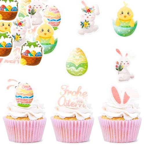 ENLACE Essbare Tortendeko Ostern,48 Stück Frohe Ostern Tortendeko,Esspapier Hase Kuchen Deko Essbar,Cupcake Topper Ostereier Muffin Deko,Kuchendeko Hase Cake Topper