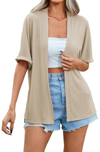 Famulily Women's Summer Clothes, Loose Fitting Front Open Cardigans Ladies Half Sleeves Cover ups (XL, Beige)