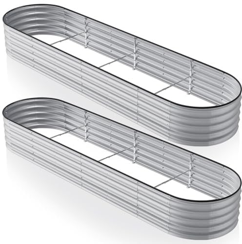 Warmiehomy 2 Packs 320x80x42cm Raised Garden Bed Kit, Metal Planter Box Outdoor with Reinforced Rods, Rounded Galvanised Bottomless Large Raised Flower Beds for Garden Plants, Silver