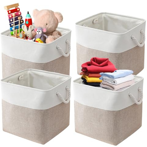 Mapille Aufbewahrungsboxen, 4 Stück Aufbewahrungskorb Stoff, Aufbewahrungsbox 33x33x33cm, Faltbare Aufbewahrungswürfel mit Griffen, für Spielzeug, Kleidung, Regale, Kleiderschrank, Weiß+Khaki