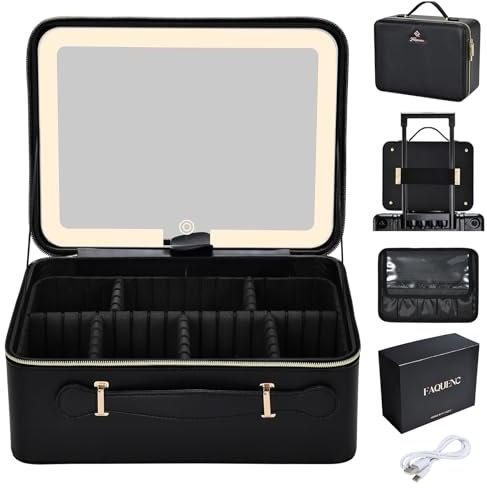 Mallette de maquillage extra large avec miroir LED - Miroir lumineux - Portable - Boîte de transport pour maquilleur avec séparateurs et porte-pinceaux de maquillage - Noir, cuir noir