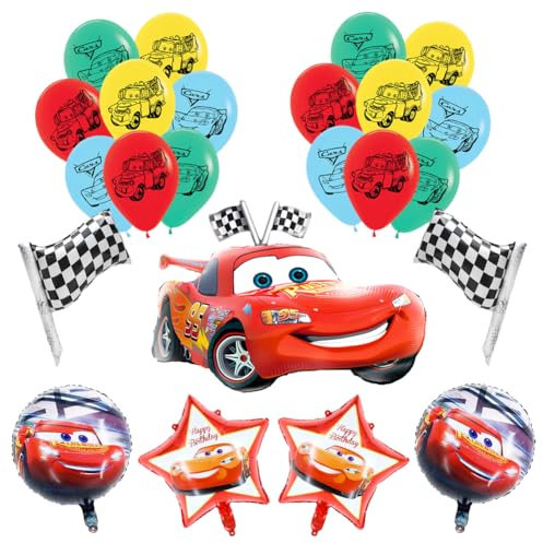 Cars Decoración de Cumpleaños para Niños Auto Kit de Fiesta de Cumpleaños Cars Globos Auto Suministros para Fiestas Infantiles Incluye Banderín, Globos de Foil y Toppers para Tarta
