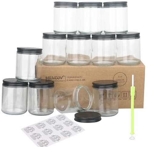 MILIVIXAY Lot de 12 bocaux à bougies vides en verre épais de 227 g avec couvercles en métal noir pour la fabrication de bougies, pots pour épices, liquides, échantillons, passent au lave-vaisselle.