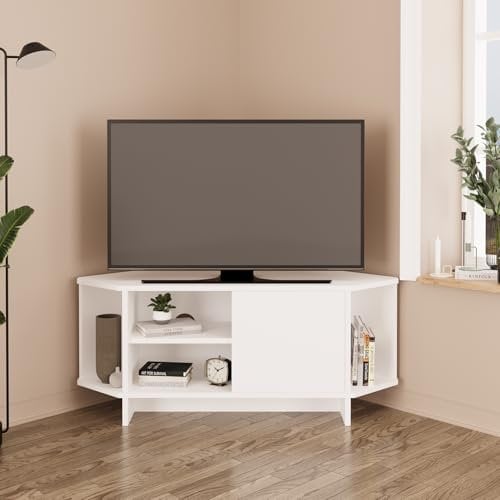 Bimossa Teo Corner TV Stand – Space-Saving TV Unit for 43–48'' TVs, Compact Media Console with Open Shelves & Cabinet, Ready to Assemble, Available in 5 Colours (White)