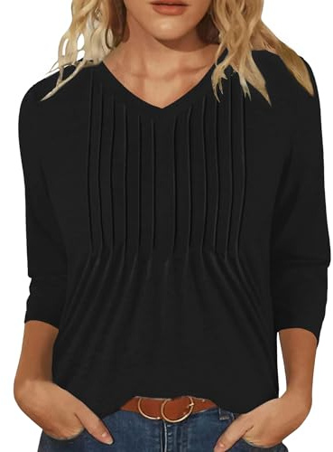IEEILULU Camicetta Donna Elegante, Scollo a V T Shirt Donna Manica 3/4, Plissettata Casual Top Casual Estiva Traspirante Sciolte