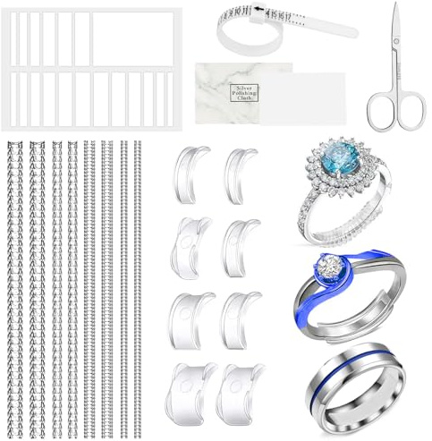 UTOCLEC 20 Stück Ringgrößenversteller Set, 8 Transparente Spiralfaden für Ringgrößenbestimmung, mit Ringgrößenanpassung Abstandshalter,Poliertuch und Messwerkzeug, 8 Größen Transparente Ringeinsteller