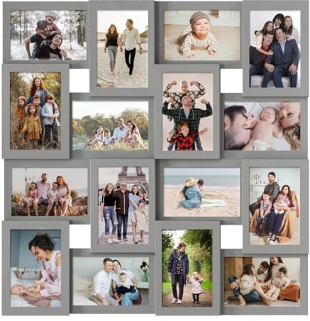 J.M.Deco Collage-Bilderrahmen für die Wand, 16 Öffnungen, großer Bilderrahmen, Collage, Wandbehang für 10 x 15 cm große Fotos, Wiedervereinigung, Freunde, Familienerinnerung, Grau