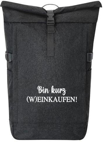 Huuraa Kurierrucksack Bin kurz (W) Einkaufen Schriftzug 30-44 Liter Black Melange Fairtrade Rolltop Rucksack Geschenkidee