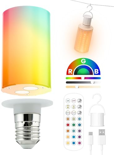 GlintBay E27 USB Rechargeable Light Bulb with Timer, Single RGB Colour Changing Light Bulb, E27 Battery Powered Remote Control Corn Light Bulbs for Home Bar Ambiance Lighting Emergency Outdoors