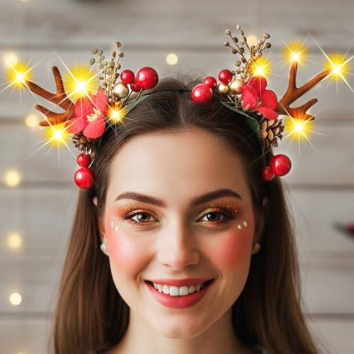 Unicra Bandeaux lumineux de Noël avec bois de renne, accessoires de cheveux de Noël pour femmes et adultes (pomme de pin, taille unique)