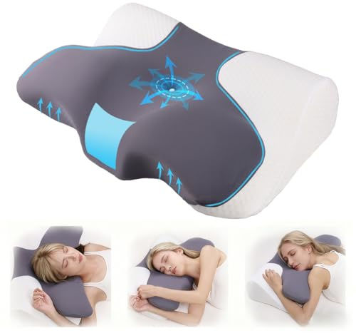 Topmener Memory Foam Pillow Butterfly Ergonomic Pillow, Cervical Neck Pillow Shaped for Pain Relief Contour Orthopedic Support Pillow for Side Back Stomach Sleepers, Cooling Ice Washable Cover