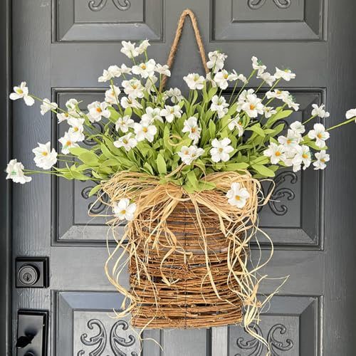 Spring Wreath for Front Door, Floral Hanging Basket Garland with Artificial Daisies for Spring Home Door Decor, Home décor