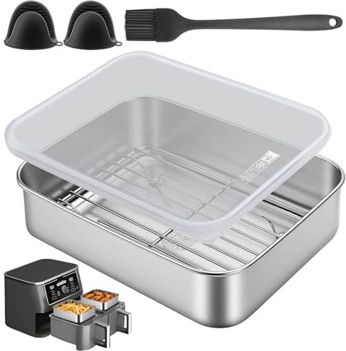 Kleine Auflaufform für Airfryer 20 * 15 * 5cm Edelstahl | Auflaufform für Heißluftfritteuse mit Deckel Abtropfgitter Hitze-Schutzgriffen Airfryer Zubehör für Ninja, Cosori, Philips