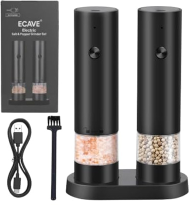 ECAVE Electric Salt Pepper Grinder Set USB Rechargeable Mills Storage Base | Adjustable Coarseness Ceramic Spice Grinder, Washable Container for Kitchen, Picnic, BBQ & Camping