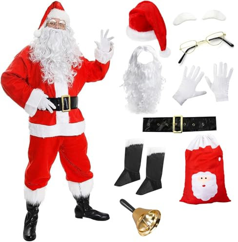 Santa Claus Costume - Medium - 12 Piece Father Christmas Fancy Dress Costume – Includes: Jacket, Trousers, Wig, Beard, Sack, Glasses, Eyebrows, Gloves & Hand Bell