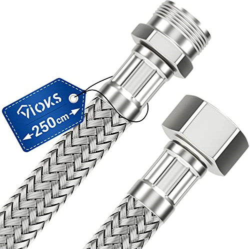 Tuyau blindé flexible de 250 cm avec raccord 3/8 et filetage extérieur - Tuyau d'eau potable avec tressage en acier inoxydable