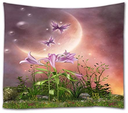 A.Monamour Wandteppiche Magische Planet Lilie Blume Fee Schmetterling Verzaubert Märchengarten Szene Druck Stoff Wandbehang Gobelin Vorhänge Tischdecke Bettdecke Strandtuch 153X203Cm