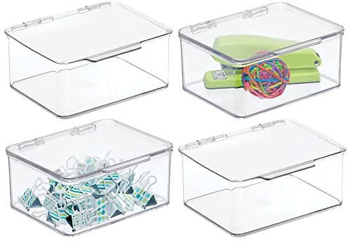 mDesign 4er-Set Schreibtisch Organizer – stapelbarer Büro Organizer aus BPA-freiem Kunststoff – kleine Aufbewahrungsbox mit Klappdeckel für Stifte, Radiergummi und anderes Bürozubehör – durchsichtig