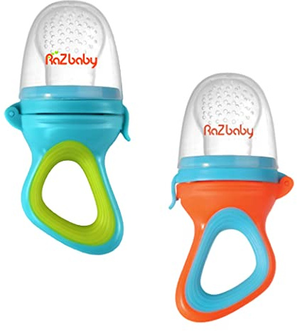 RaZbaby Baby Solids/Frozen Fruit Feeder Pacifier, Infant Teether Toy 6M+, BPA-Free, Safely Introduce Solids, Natural Teething Relief, Dishwasher Safe, Freezable – Blue & Orange 2-Pack