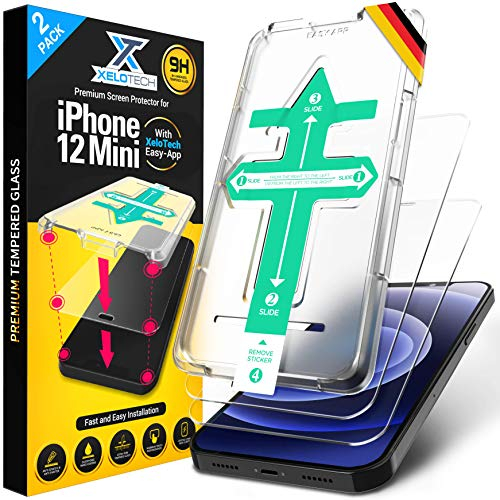 XeloTech [2x Stück] Schutzglas für iPhone 12 MINI 5.4 Zoll, Komplettabdeckung nur mit Glas, Full Cover Schutz mit Schablone, Panzerglasfolie, Displayschutzfolie, Glas Folie