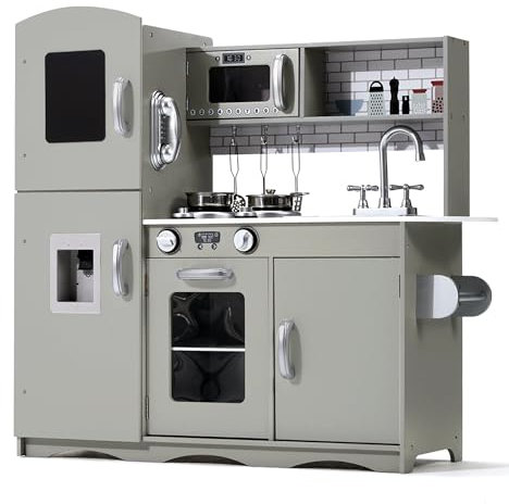 KIDOZ Signature Wooden Toy Kitchen, Large Pretend Play Kitchen With Realistic Oven, Microwave and Sink With Taps, Kitchen Playset With Sounds And Lights For Kids (New Grey (Kitchen with Utensils)