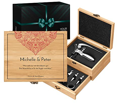 Maverton Weinöffner-Set personalisiert Weinset Sommelier Set - Geschenkbox Holzbox + 8er Weinzubehörset - aus Bambus - Braun - Geschenk Hochzeit Hochzeitstag Paar - Herz