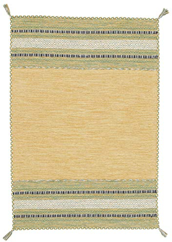 carpetfine Flachgewebeteppich Kelim Azizi Gelb 60x110 cm | Moderner Teppich für Wohn- und Schlafzimmer