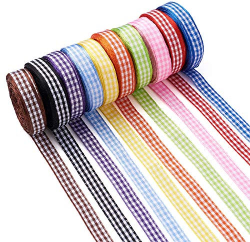 PandaHall - Nastro in poliestere a motivo scozzese classico, 91,4 m, 10 colori, larghezza 10 mm, con bordo in fil di ferro, per accessori per capelli, decorazione per feste, confezione regalo