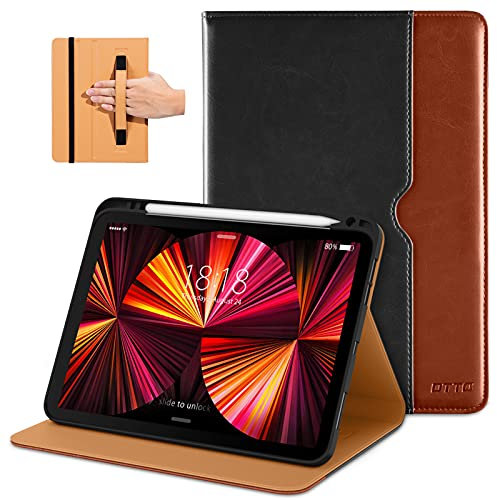 DTTO Hülle für iPad Pro 11 Zoll 4./3./2./1. Generation 2022/2021/2020/2018, Premium PU Leder Folio Ständer Cover mit Handschlaufe, Auto Wachen/Schlafen, Mehrere Betrachtungswinkel, Schwarz Braun