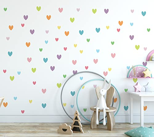 QuoteMyWall 90 Stück pastellfarbene Herz-Wandaufkleber für Kinderzimmer, Kinderzimmer, abziehbar und aufkleben, abnehmbar, Boho-Chic