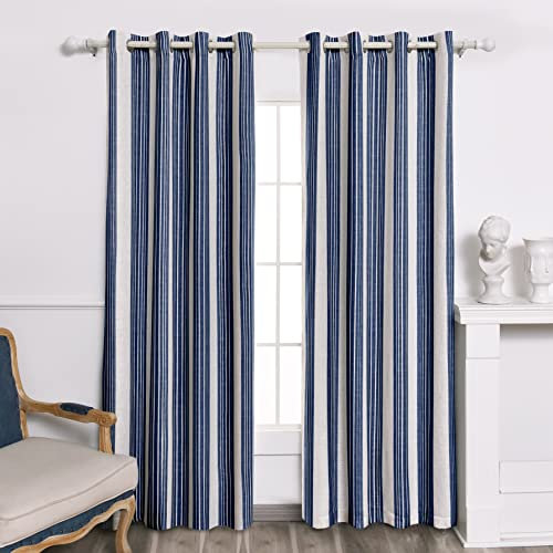DriftAway Chris Lot de 2 Rideaux occultants en Lin mélangé à Motif à Rayures Verticales et à œillets pour Chambre de Ferme imprimé – 132,1 x 213,4 cm – Ivoire Bleu foncé