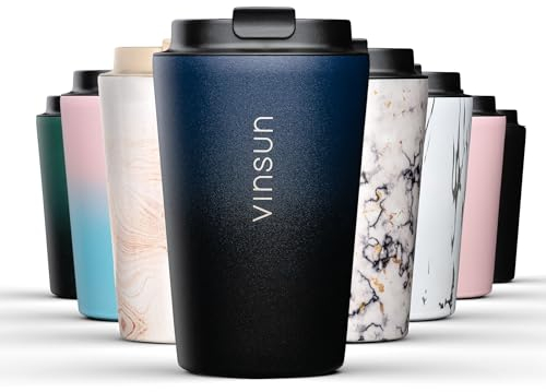 Vinsun Thermobecher Edelstahl 350ml - Kaffee & Tee Trinkbecher - Deckel mit Trinköffnung - verschließbar, auslaufsicher, BPA frei - Isolierbecher to go (Auto, Reisen, Büro)