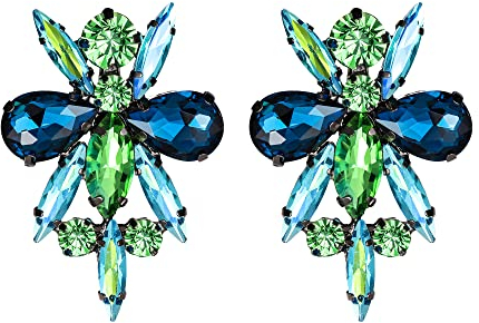 EVER FAITH Costume Statement Fiore Orecchini a lobo, Strass Cristalli Vintage Art Deco per Donne Ragazze Smeraldo Verde c/Blu