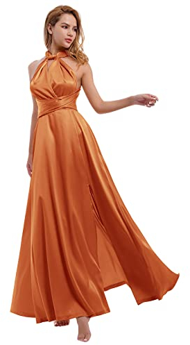Damen Satin Transformer Infinity Kleid mit Bandeau Convertible Brautjungfernkleid Split Lang Formal Twist Wrap Multi-Way Kleid, Karamell-Satin, Groß