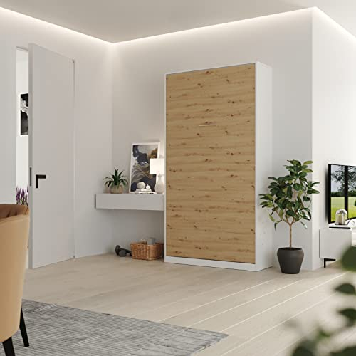 Schrankbett Classico 100x200 cm Vertikal Weiß/Wildeiche mit GASDRUCKFEDERN, Wandklappbett,Wandbett fürs Wohnzimmer, Gästezimmer, Büro, Schlafzimmer