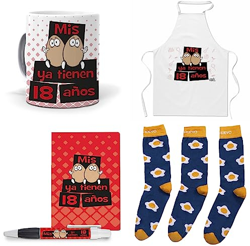mundohuevo Que Regalar para 18 cumpleaños Hombre. Mis Huevos ya Tienen 18 años. Taza,Delantal, libreta, boli y Trio de Calcetines