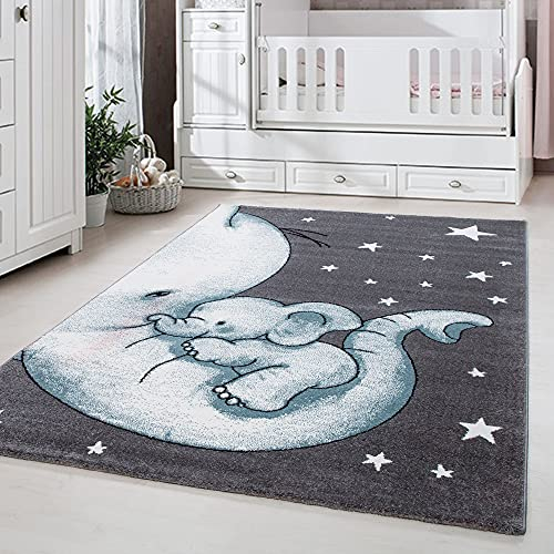 Carpetsale24 Kinderteppich niedliches Elefant Muster Grau und Blau 120 x 170 cm - Kurzflor Teppich Kinderzimmer für Junge und Mädchen Weich Pflegeleicht - Waschbar Spielteppich Babyzimmer Babyteppich