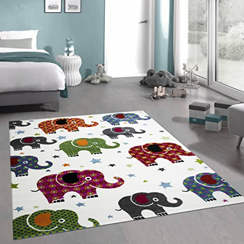 CARPETIA Kinderzimmer-Teppich mit bunten Elefanten & Sternen | pflegeleicht | in Creme, 200 x 290 cm