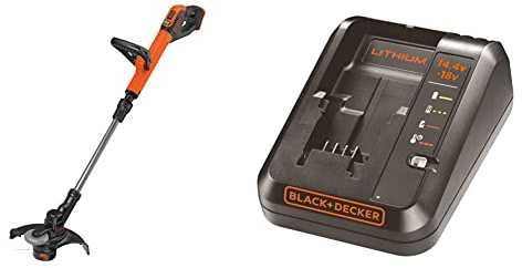 Black+Decker Akku-Rasentrimmer STC1820PCB & Multivolt-Schnellladegerät (für 14,4V Li-Ionen, 1Ah und 18V, 1Ah Akkus, Bestandteil des 18V Systems, 4 Ladestandmodi, inklusive Ladekabel) BDC1A
