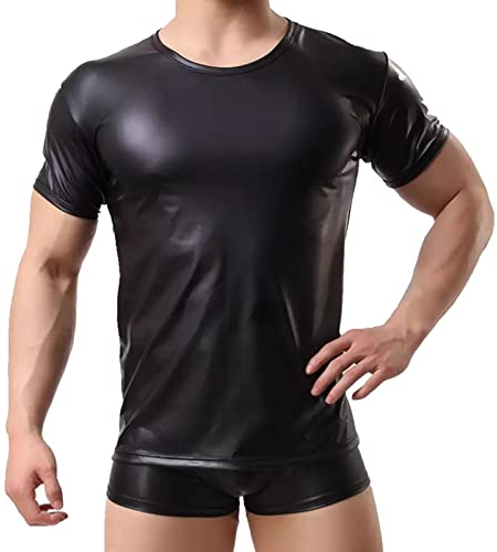 Beokeuioe Wetlook Oberteile Herren Lack-Optik Jacke Kurze Mantel Männer Kunstleder Hemd T-Shirt Slim Fit Latex Glänzend Tops Party Outwear Lack-Optik Kurzarmshirt