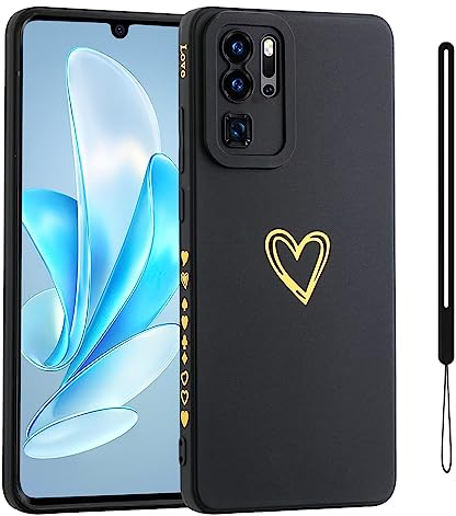 Jeelar ESONG Handyhülle für Huawei P30 Pro,UltraDünn Weiche TPU Silikon Telefonhülle Cover mit Süße Liebe Herzform/Handschlaufe,Stoßfest Bumper Schutzhülle Case für Mädchen/Frauen-Schwarz