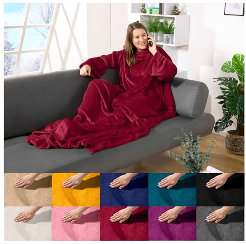 heimtexland ® Ärmeldecke TV Kuscheldecke mit Ärmeln Taschen Fußsack Super Soft Flanell tragbare Decke Ganzkörperdecke Typ870 Bordeaux Rot 200x170 cm