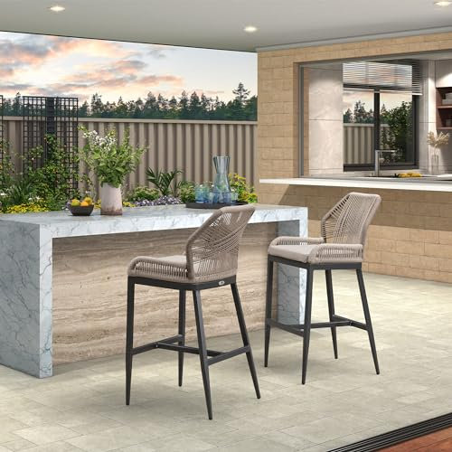PURPLE LEAF Hoher Barhocker 2er Set, Aluminium Barstühle mit Rückenlehne, Outdoor-Tresenhocker Rattan, Mit Gepolsterte Sitze, Böhmischer Stil, für Bar, Cafés, Anthrazit